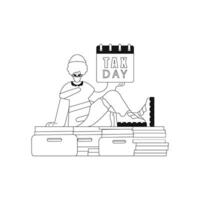 Guy sits on stack of paperwork and gazes at calendar. Tax Day. Linear illustration in vector format.