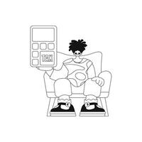 Man has calculator in hand. Linear design. Vector art.