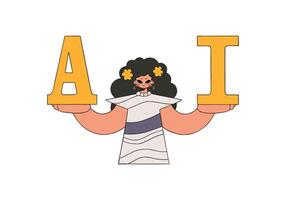 Illustration of a woman holding A and I created in theme of AI for art. vector