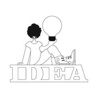 He holds a light bulb, symbolizing creative thought. Linear style, illustration. vector