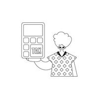 Man holds calculator linear style vector illustration.