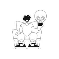 He holds a light bulb, representing ideas, in a linear design. Vector illustration.