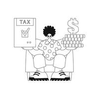 Guy holds tax return and stack of coins. Linear style vector illustration.