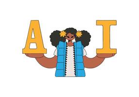 A woman holds letters A and I in a illustration featuring Artificial Intelligence. vector
