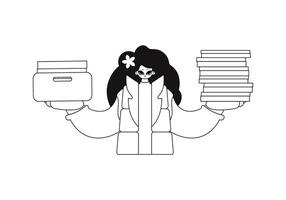 Girl piles docs into stacks. Linear style. vector illustr.