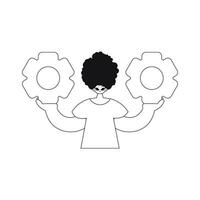 He holds gears in his hands. linearstyle vector illustration.