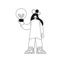 Girl holds lightbulb, symbolizing idea. Linear vector illustration.