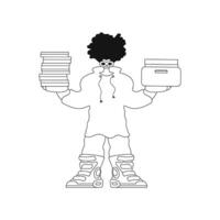 Guy holds stacks of papers in linear illustration. vector