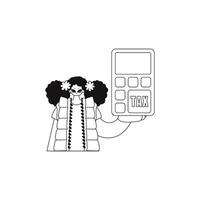 Girl holds calculator, linear style vector illustration.