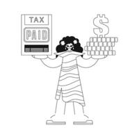 Girl holds a tax return and a pile of coins. illustration in vector format.