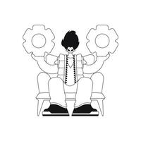 Man holds multiple gears in hands. Linear style vector illustration.