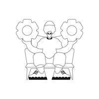 Man has gears in hands. linear vector illustration.