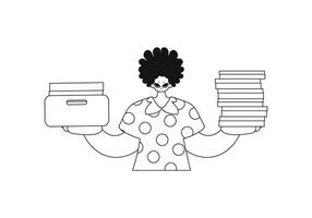 Guy holds many docs. line art illustration. vector