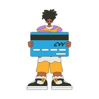 The guy is holding a money bank card. Trendy bright style. vector