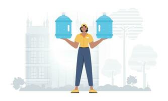 Water delivery concept. The man is holding a large water bottle. Stylish character is depicted in full growth. Vector illustration.