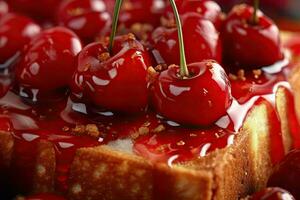 cherry toast, macro shot of a fresh breakfast with Dripping Honey, AI Generated photo