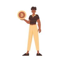 un hombre sostiene un bitcoin en su manos. personaje en de moda estilo. vector