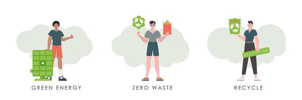 Set of men characters on the theme of ecology. Cartoon style. Illustration in vector. vector