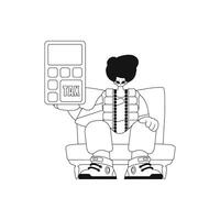 Man grips calculator. Linear vector illustration.