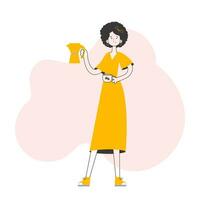 The girl serves coffee. Line art style. Vector illustration.