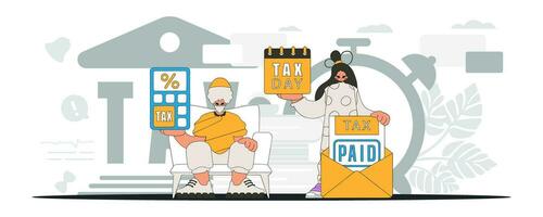 Elegant guy and girl demonstrate paying taxes. An illustration demonstrating the importance of paying taxes for economic development. vector
