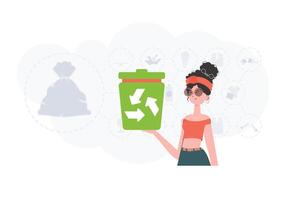 The concept of recycling and zero waste. The girl is holding a trash can in her hands. Trendy character style. Vetcor. vector