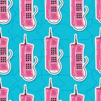 Receiver of an old retro telephone with a wire. Vector cartoon seamless pattern, 90s style.