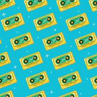 Old tape cassette for recorder. Retro device for playing and storing music. Vector cartoon seamless pattern, 90s style.