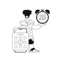 Guy calendar and alarm clock. taxes due linear vector illustration.