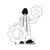 He holds gears in his hands illustrated in a linear vector style.