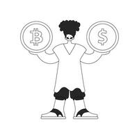 A stunning man is holding a bitcoin and dollar coin. Linear newspaper black and white style. vector