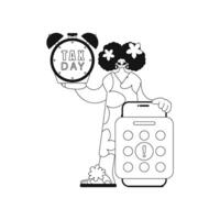 Girl holds calendar and alarm clock, symbolizing tax day. illustration in linear style. vector