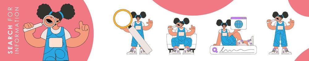 Set of character illustration for information search theme. Collection of scenes with a girl holding a magnifying glass and looking for information. Retro style character. vector