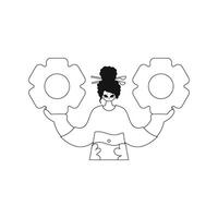 Girl grips cogs in hands. Vector art shows linearstyle.