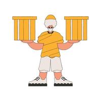 A handsome man holds boxes in his hands. Understanding the process of parcel and cargo delivery. vector