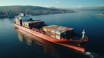 Ai, Ai generated, Aerial view of a container cargo ship at sea. Transportation, logistics, and global trade concept. Perfect for maritime and shipping industry themes photo