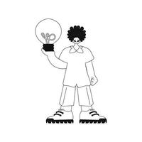 Man holds light bulb in hands. concept of ideas. linear style. vector illustration.