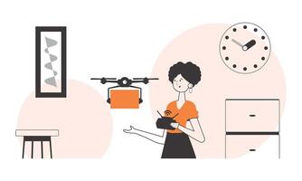 The girl delivers the package by drone. Drone delivery concept. Minimalistic linear style. vector