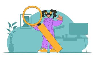 Concept Finding the necessary information on the Internet. The man is holding a magnifying glass. Linear retro style character. vector