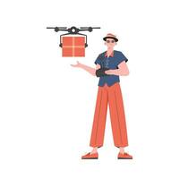 The concept of cargo delivery by air. A man controls a drone with a package. Isolated. Flat modern design. Vector. vector