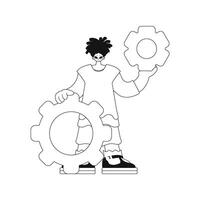 He holds gear shapes in his palms. illustration in linear vector style.