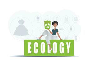 A woman sits and holds a trash can in her hand. The concept of ecology and recycling. Trendy character style. Vetcor. vector