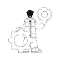 Man holds gears in hands. Simple lines. Vector pic.