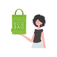 A woman holds an ECO BAG in her hands. Concept of green world and ecology. Isolated. Trend style.Vector illustration. vector