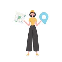 Girl water delivery operator holding a map. The trendy character is depicted in full growth. Isolated on white background. Vector illustration.