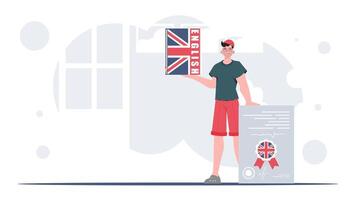 The concept of learning English. A man holds an English dictionary and a certificate in his hands. Flat modern style. illustration. vector