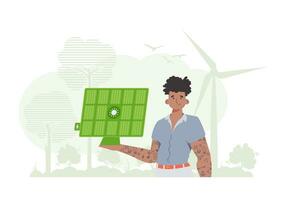 Eco energy concept. A man holds a solar panel in his hand. Vector. trendy style. vector