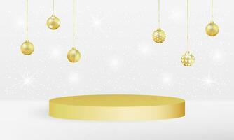 Abstract 3D room with realistic cylindrical podium. Minimal scene for product display and winter sales. Vector geometric platform with golden Christmas balls.