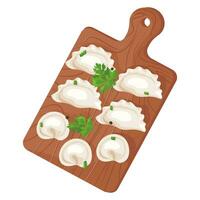 cartoon dumplings with herbs on a cutting board vector