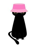 Black cute cat sits quietly in a pink hat and isolated on a white background. Vector. vector